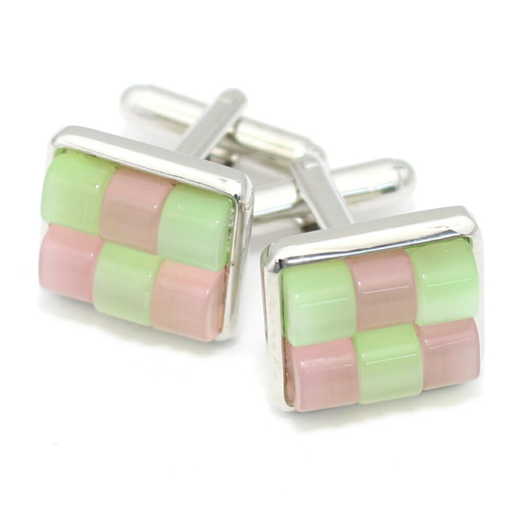 ピンク×グリーン キャッツアイ チェックブロック カフス カフスボタン カフリンクス cufflinks cuffs メンズ 男性 結婚式 スーツアクセサリー専...