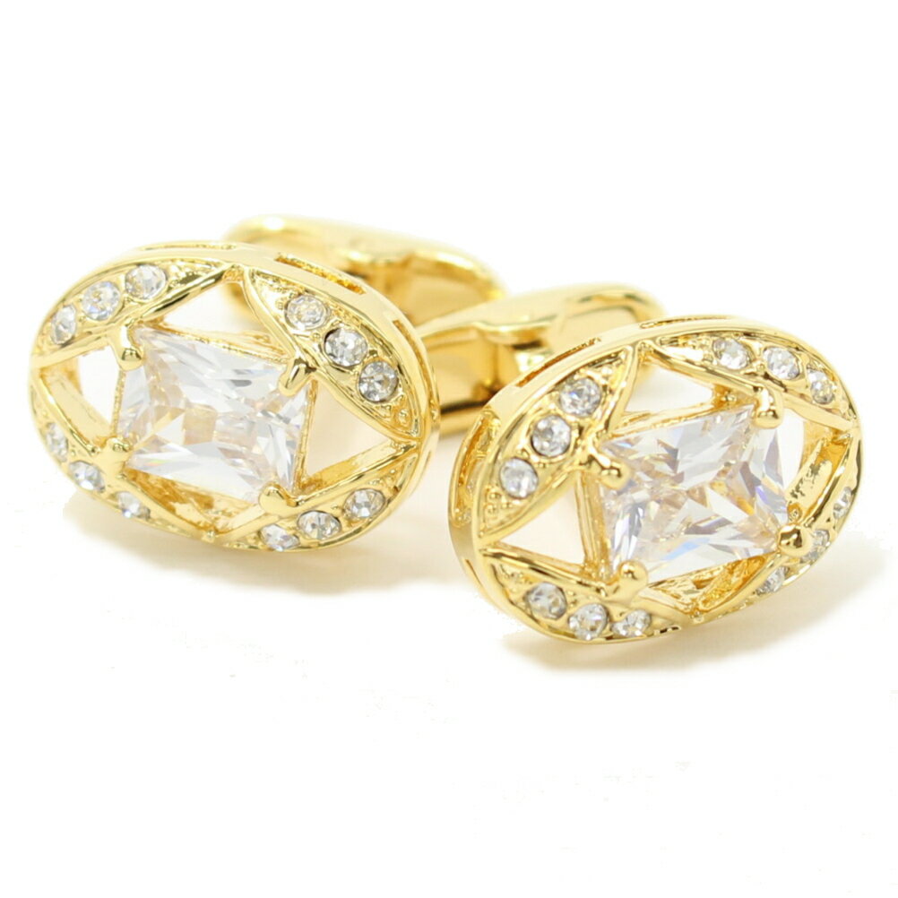 オーバル ゴールドとクリアストーンが華麗なカフス カフリンクス カフスボタン カフス 誕生日 贈り物 お祝い パーティー 結婚式 披露宴 お洒落 ゴールド スー...