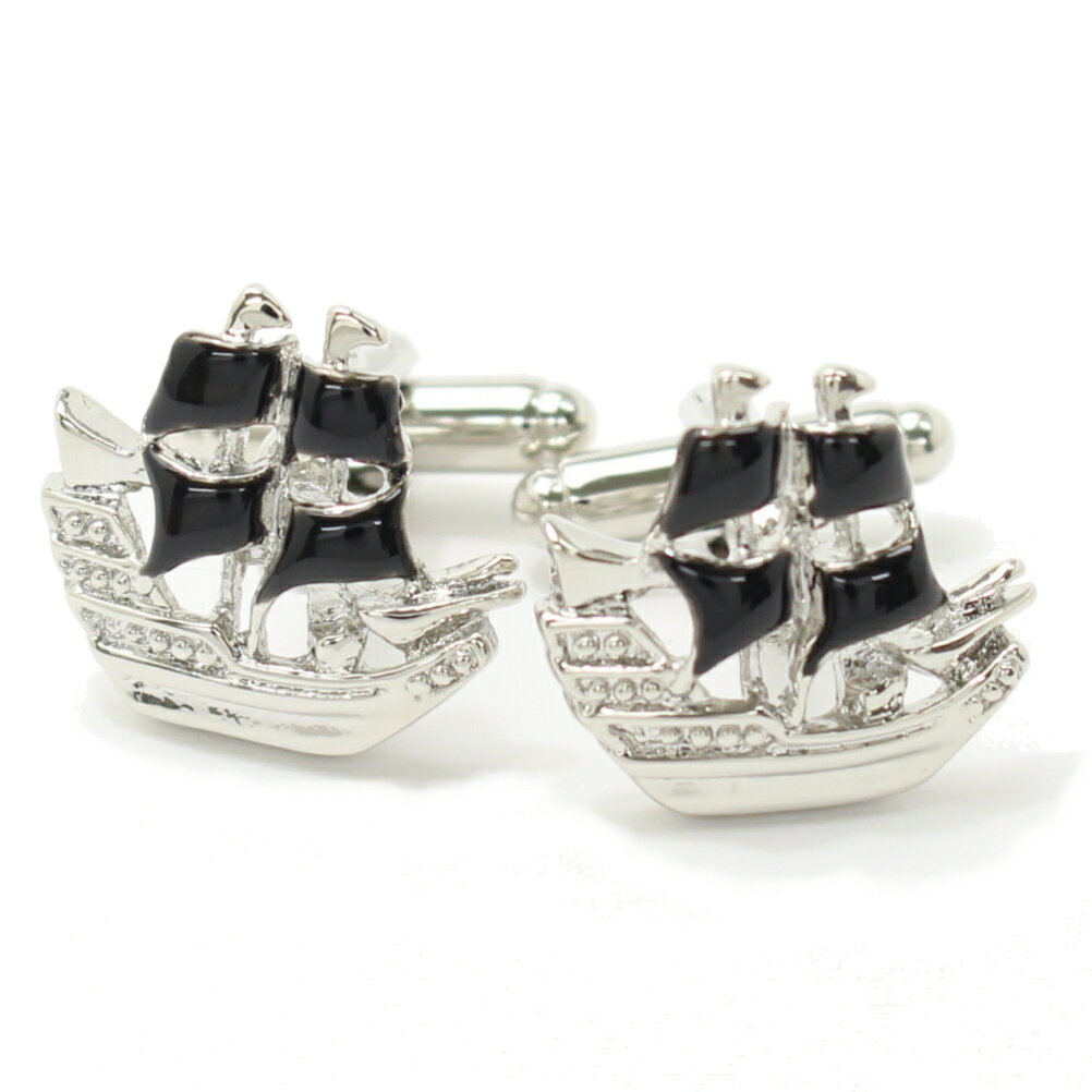 ブラックの旗が揺らめく帆船 カフス カフリンクス カフスボタン 披露宴 お洒落 ユニーク おもしろ 面白 面白い 乗り物 スーツアクセサリー専門店 誕生日 プレ...