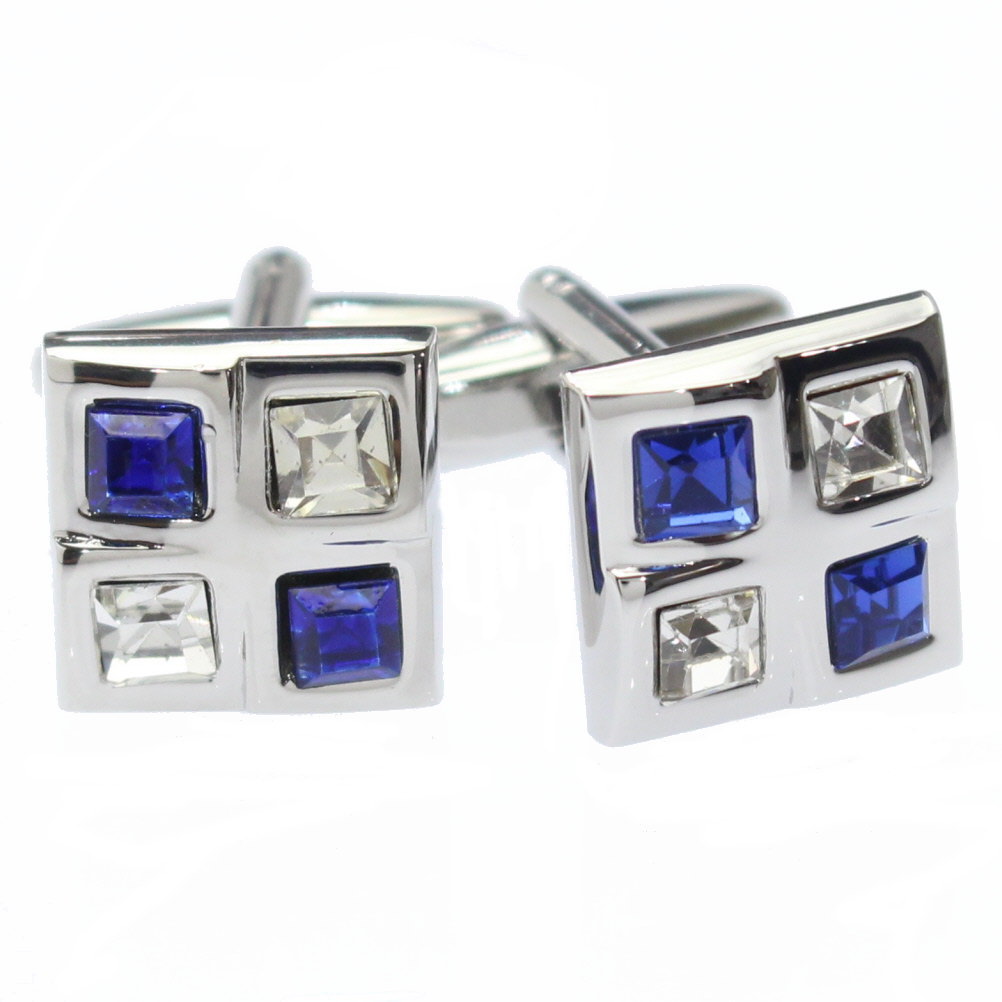 ブルーストーン×クリアストーンのブロックカフス カフリンクス カフスボタン メンズジュエリー アクセサリー 贈り物 ギフト 結婚式 オシャレ スーツアクセサリー...