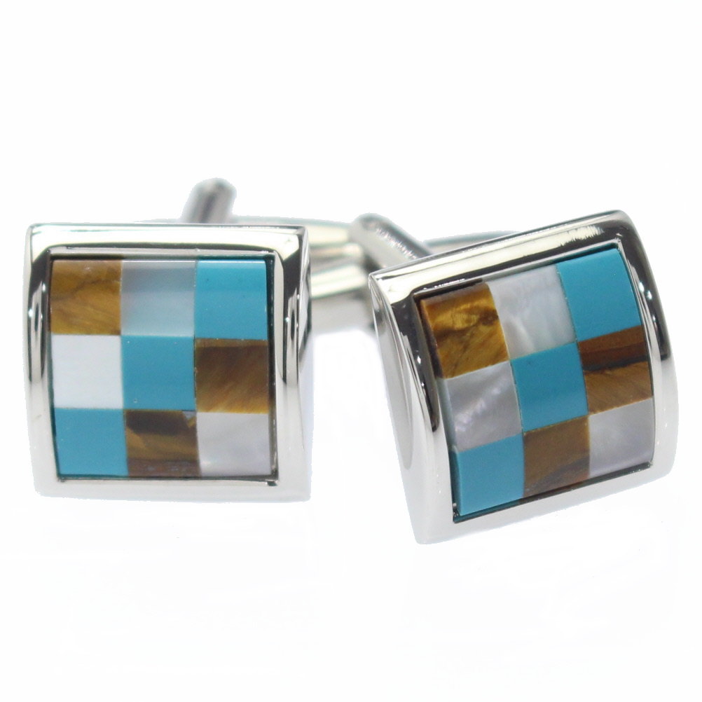 天然石のチェックブロック カフス カフリンクス カフスボタン メンズジュエリー アクセサリー 贈り物 ギフト パーティー 結婚式 オシャレ スーツアクセサリー専...