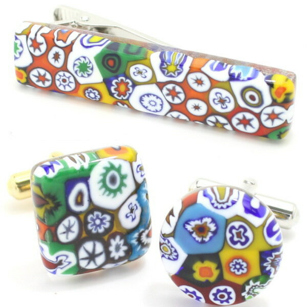 ネクタイピン カフス セット ブランド 全2種 ムラーノ ベネチアンガラス モザイク ムッリーネ マット ビッグ カフスセット タイピンセット カフス 誕生日 ...