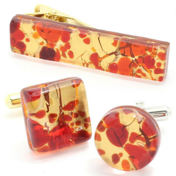 ネクタイピン カフス セット ブランド 全2種 ムラーノ ベネチアンガラス ゴールド×レッド ビッグ カフスセット タイピンセット カフス 誕生日 贈り物 ゴー...