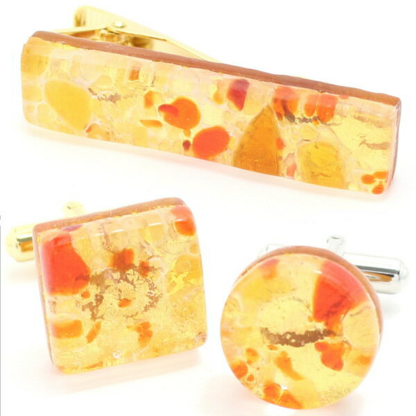 ネクタイピン カフス セット ブランド 全2種 ムラーノ ベネチアンガラス ゴールド×オレンジ ビッグ カフスセット タイピンセット カフス 誕生日 贈り物 ゴ...