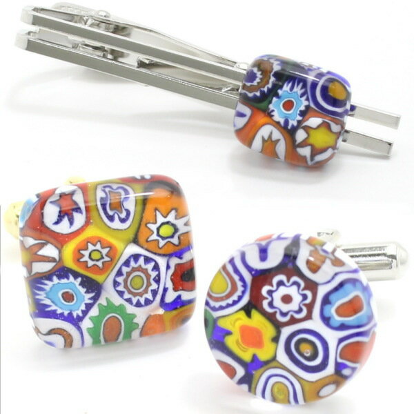 ネクタイピン カフス セット ブランド 全4種 ムラーノ ベネチアンガラス モザイク ムッリーネ クリア カフスセット タイピンセット カフス 誕生日 贈り物 ...