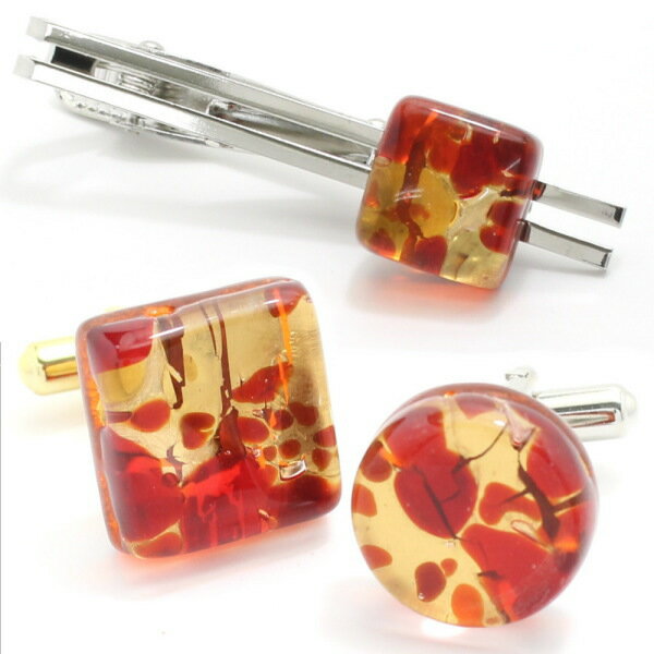 ネクタイピン カフス セット ブランド 全4種 ムラーノ ベネチアンガラス ゴールド×レッド カフスセット タイピンセット カフス 誕生日 贈り物 ゴールド カ...