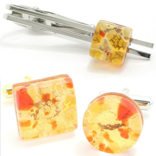 ネクタイピン カフス セット ブランド 全4種 ムラーノ ベネチアンガラス ゴールド×オレンジ カフスセット タイピンセット カフス 誕生日 贈り物 ゴールド ...