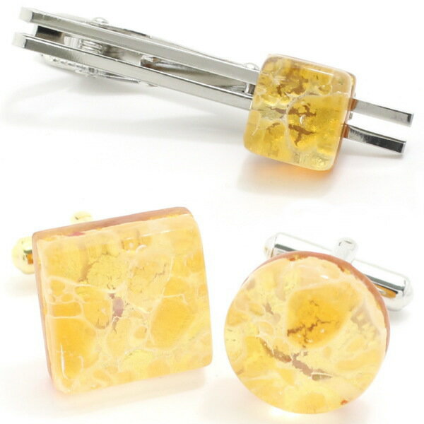 ネクタイピン カフス セット ブランド 全4種 ムラーノ ベネチアンガラス ゴールド×イエロー カフスセット タイピンセット カフス 誕生日 贈り物 ゴールド ...
