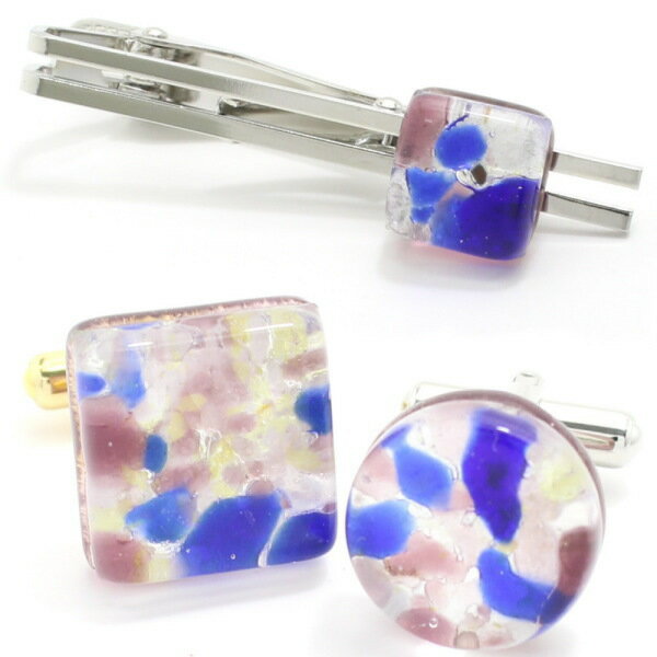ネクタイピン カフス セット ブランド 全4種 ムラーノ ベネチアンガラス パープル×ブルー カフスセット タイピンセット カフス 誕生日 贈り物 カフスマニア