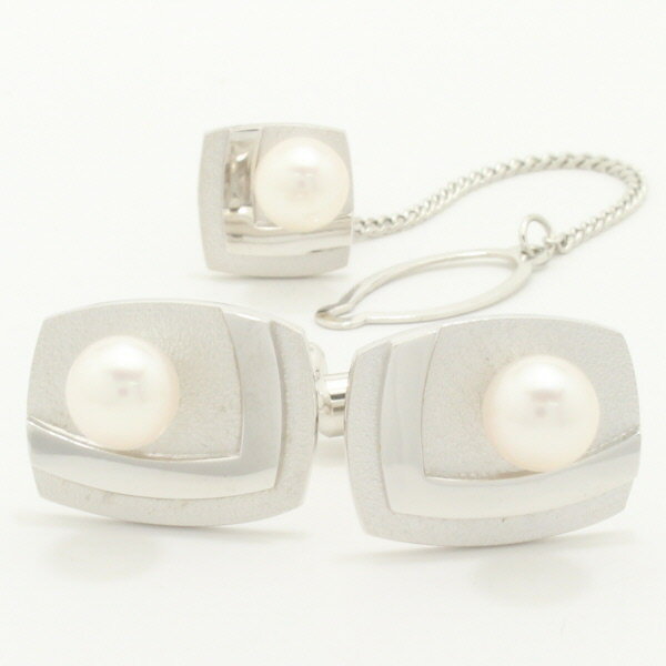 ネクタイピン カフス セット アコヤ真珠6.5MMレクタングルVライン デザイン カフス&タイタックのセット ネクタイピン タイピン おしゃれ プレゼント プチ...