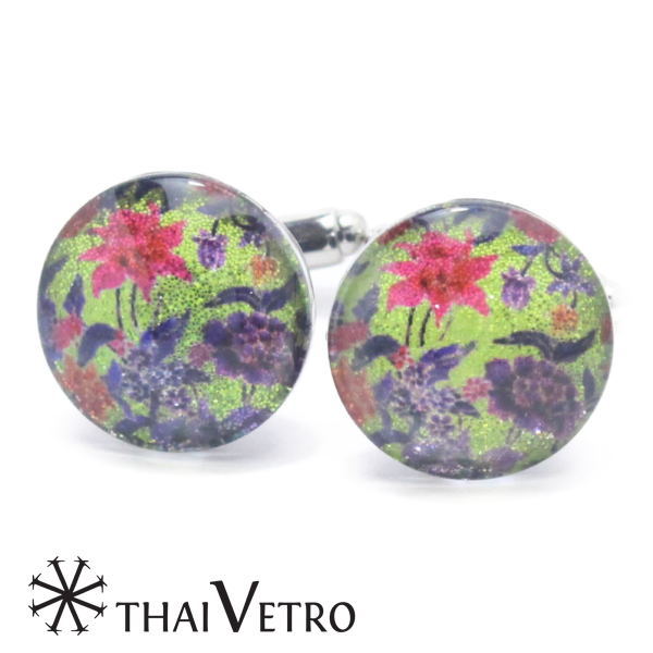 ThaiVetro イエロー 南国 フラワーデザイン ガラス製 カフス カフスボタン カフリンクス スーツアクセサリー専門店 誕生日 プレゼント プチギフト お...