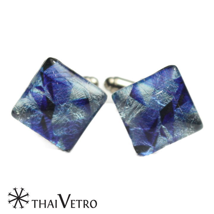 ThaiVetro ブルー グラデーション モザイク ガラス製 カフス カフスボタン カフリンクス