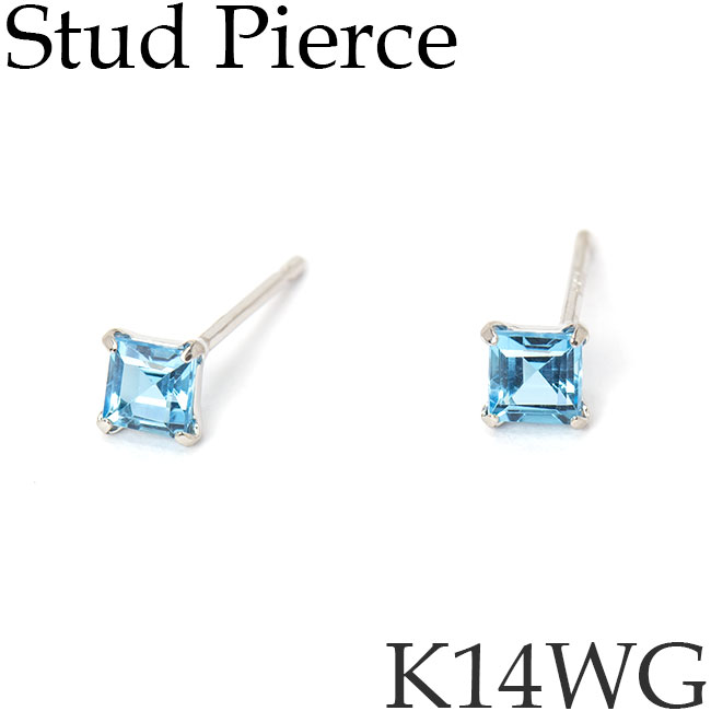 ピアス 一粒ピアス スタッド ブルートパーズ 14Kホワイトゴールド 11月誕生石 スクエア シンプル 4本爪 1粒 K14 ゴールド 日本製 [sy][追跡可能メール便で送料無料]
