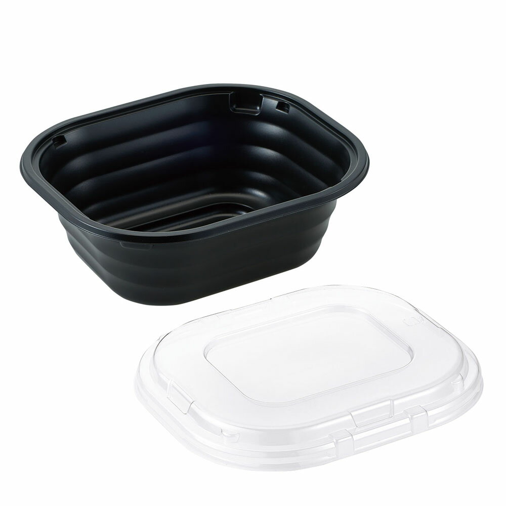 夢彩ごぜん　長角丼　TSR-136　本体（黒）/　嵌合蓋（透明）　50セット　GDV-84[関連：ミリオン タカギ..