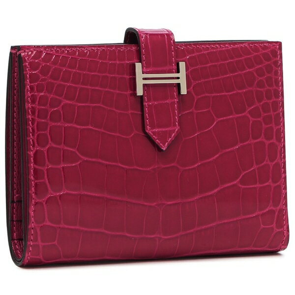 エルメス ベアンコンパクト アリゲーター フランボワーズ シルバー金具 K刻印 二つ折り財布 ポルトフォイユ レッド HERMES H047305CK 90