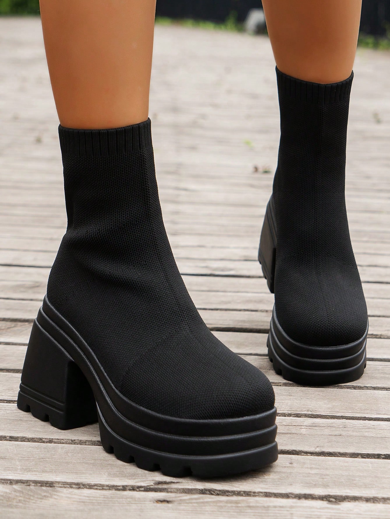 MxPRO厚底ソックスブーツ レディース ショートブーツ 10cmヒール ストレッチ アンクルブーツ 秋冬 韓国風 美脚効果 ウェッジソール カジュアル ブラック