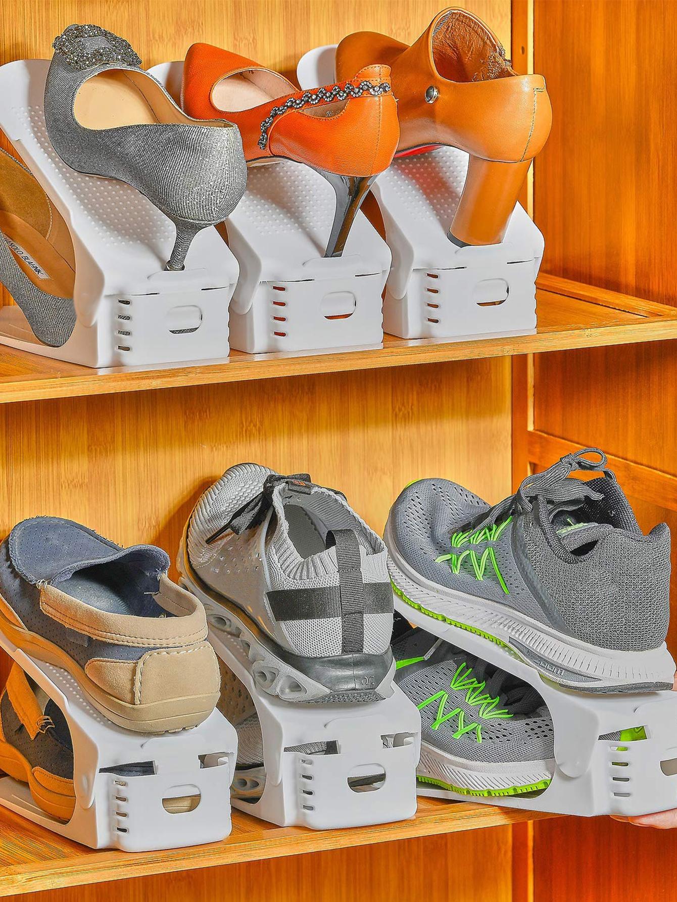 MxPRO靴収納ラック シューズスロット 10個セット 調節可能 二層構造 靴ホルダー 靴整理ラック 靴収納ボックス 省スペース 玄関収納 クローゼット収納 ホワイト PP素