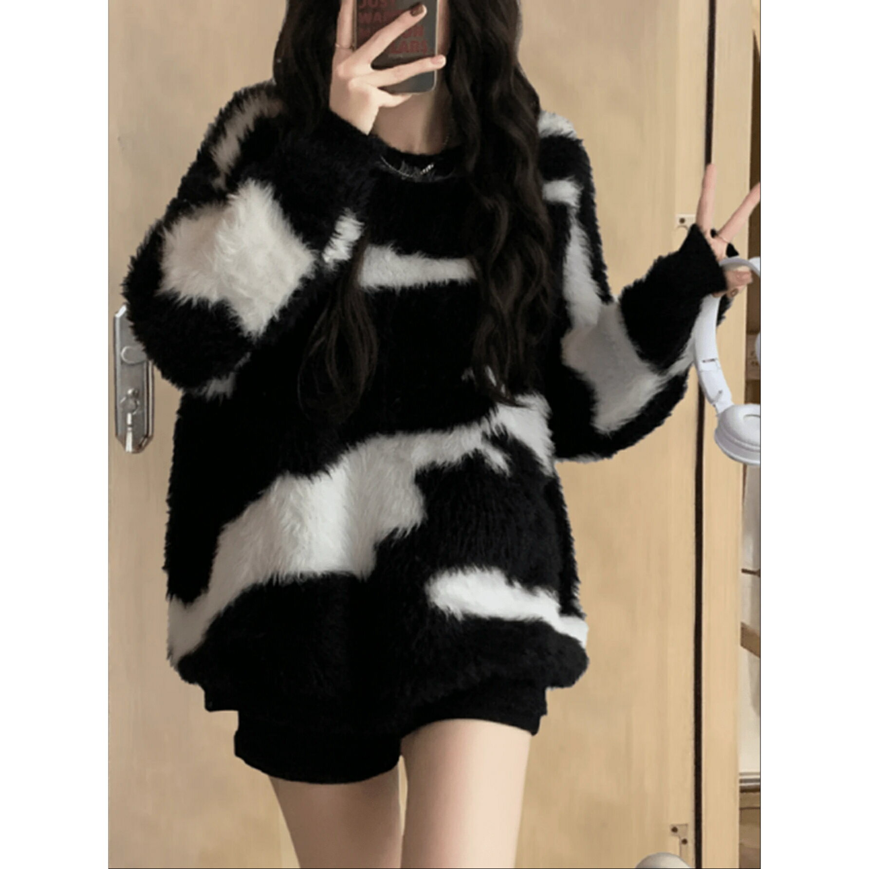 ランダムパターン ドロップショルダー オーバーサイズ フカフカ ニットセーター、長袖トップス