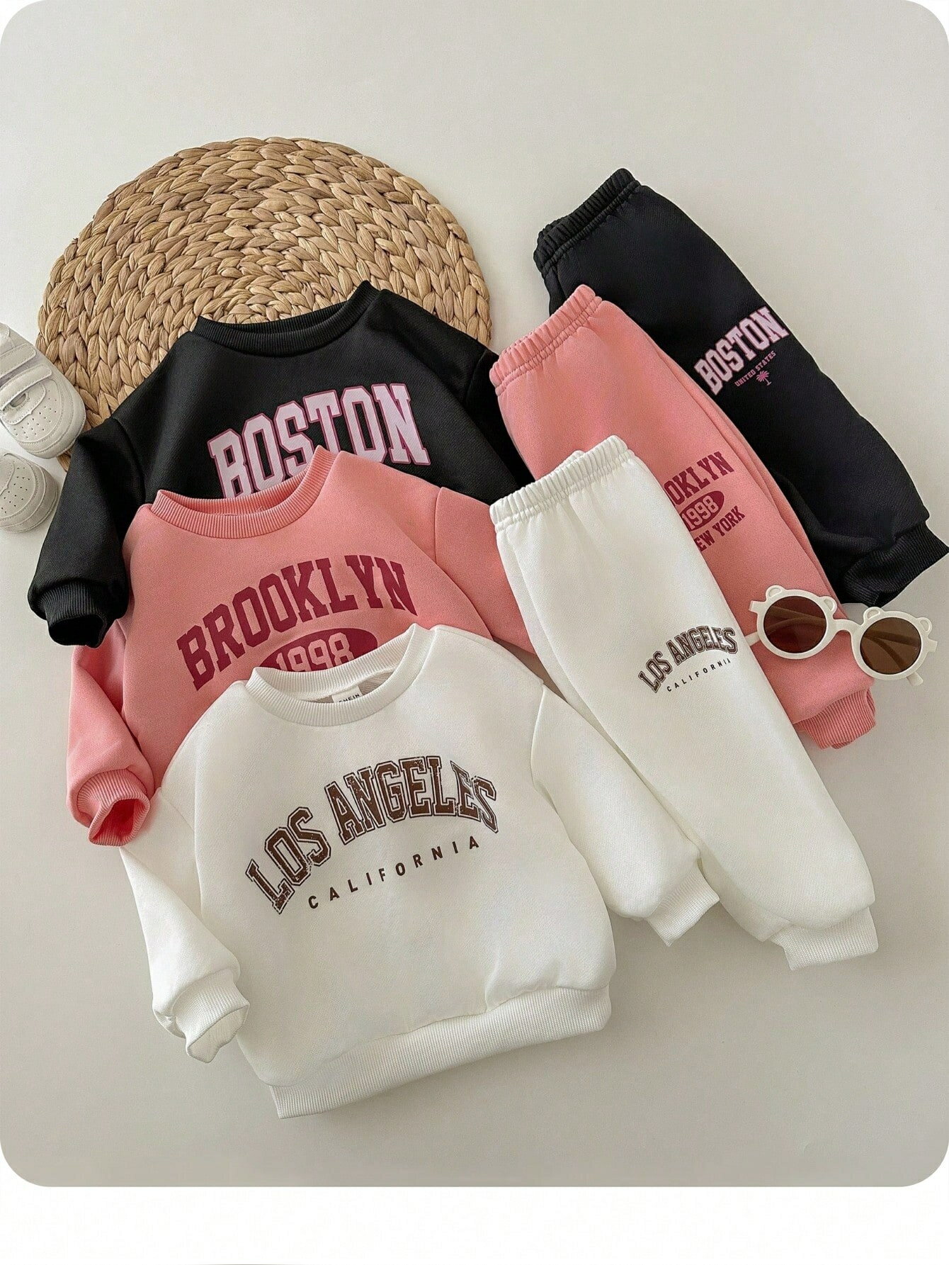 6枚セット ベビー女の子 可愛い文字プリント 長袖トレーナー & ウエスト ゴム入り パンツ、秋冬用