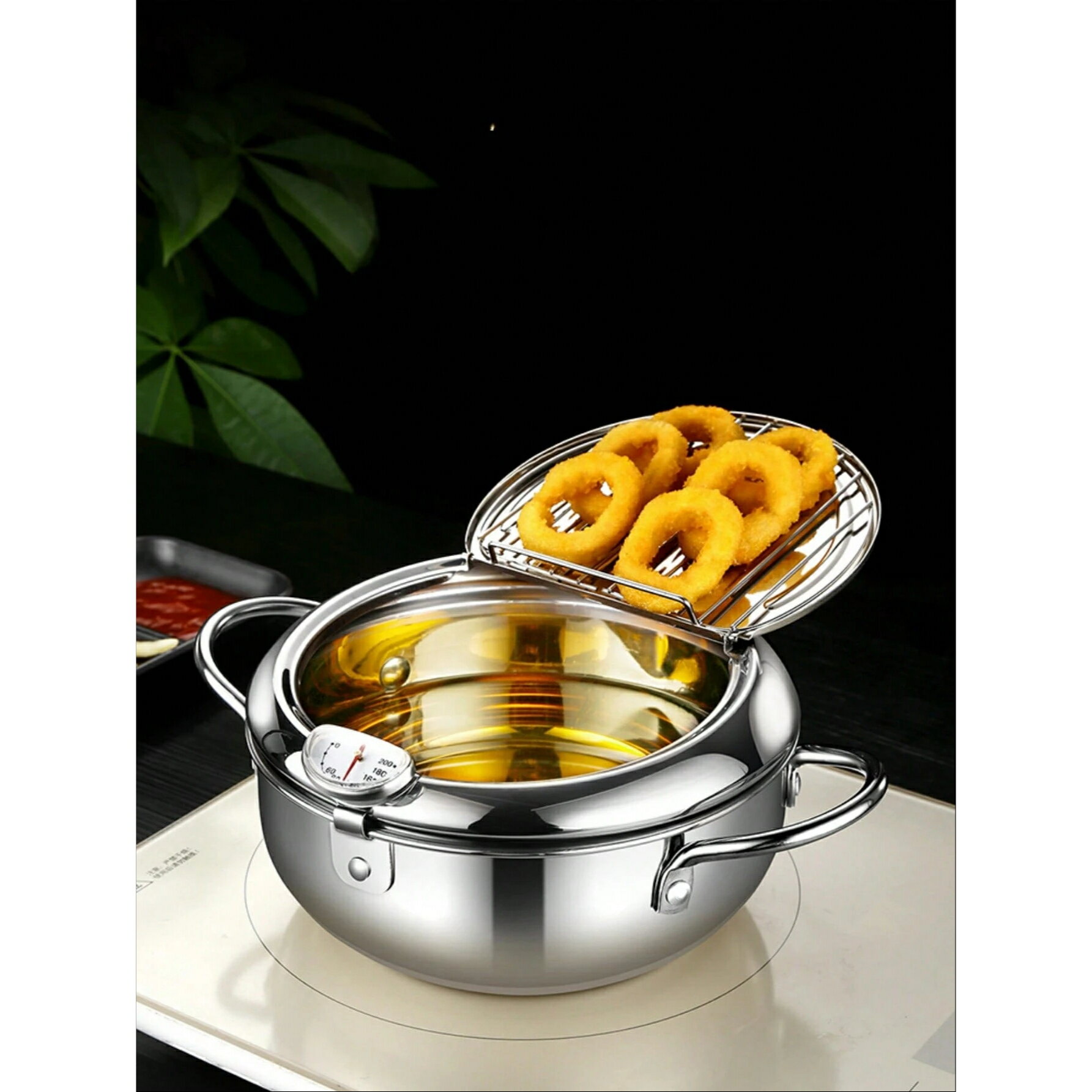18/10 Sus304ステンレス鋼 日本製天ぷら鍋 温度調整機能付き、小型サイズ、省油、家庭用/業務用兼用