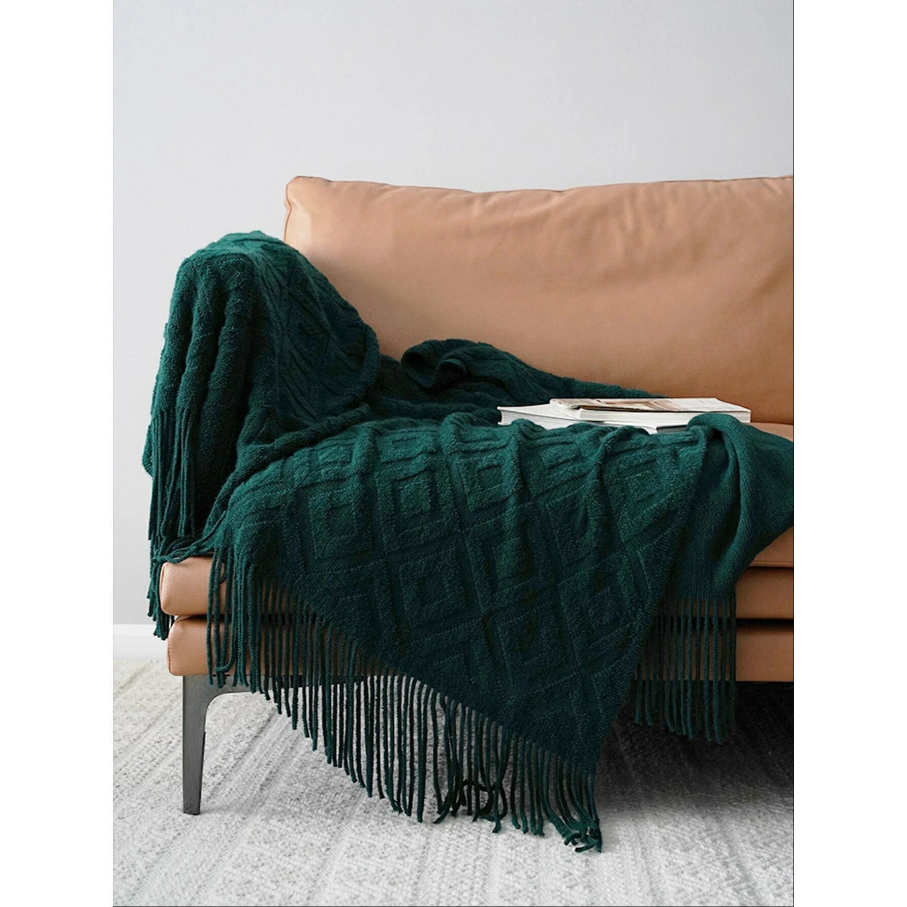 ビンテージスタイル 無地ニットスロー毛布 タッセル付き、ソフトで暖かいソファカバー、オールシーズン..