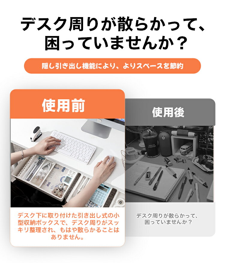 【残り12時間!楽天0の日!全品10%割引+P5】デスク下 収納ボックス 引き出し 机下 両面テープ付き 取り付け 後付け 引き出し式 テーブル ミニ 小物入れ 隠し 収納ケース デスク下収納 粘着式 収納整理 机下収納 収納ホルダー 工具不要 強力粘着 小物置き 2個セット [2]