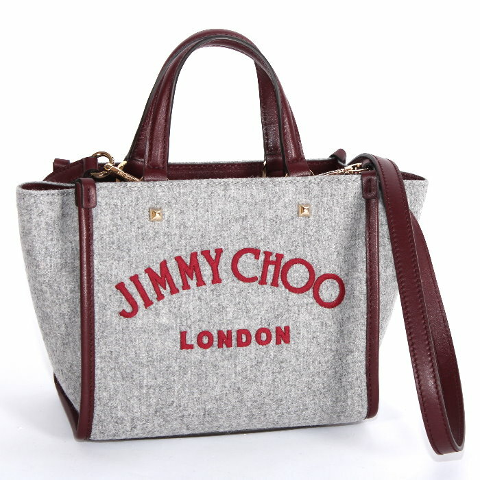 JIMMY CHOO ジミーチュウ 2WAY トートバッグ グレー VARENNE TOTE BAG/S QHY MARL-GREY ロゴ刺繍 フェルト×レザー ショルダーバッグ ハンドバッグ レディース【c】【新品/未使用/正規品】