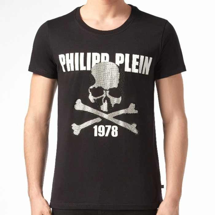 PHILIPP PLEIN フィリップ プレイン 半袖 Tシャツ MTK3547 ブラック ラインストーン スカル Skull 六角 PP マーク ラウンドネック カットソー トップス メンズ売れ筋