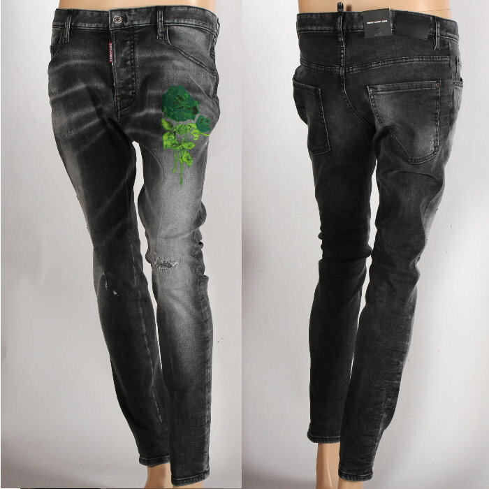 DSQUARED2 ディースクエアード スーパー ツインキー ジーンズ S74LB1224 S30503 900 SUPER TWINKY JEANS ストレッチデニム ブラック ボタンフライ 5ポケット グリーンローズ 薔薇 メンズ 【新品・未使用・正規品】売れ筋