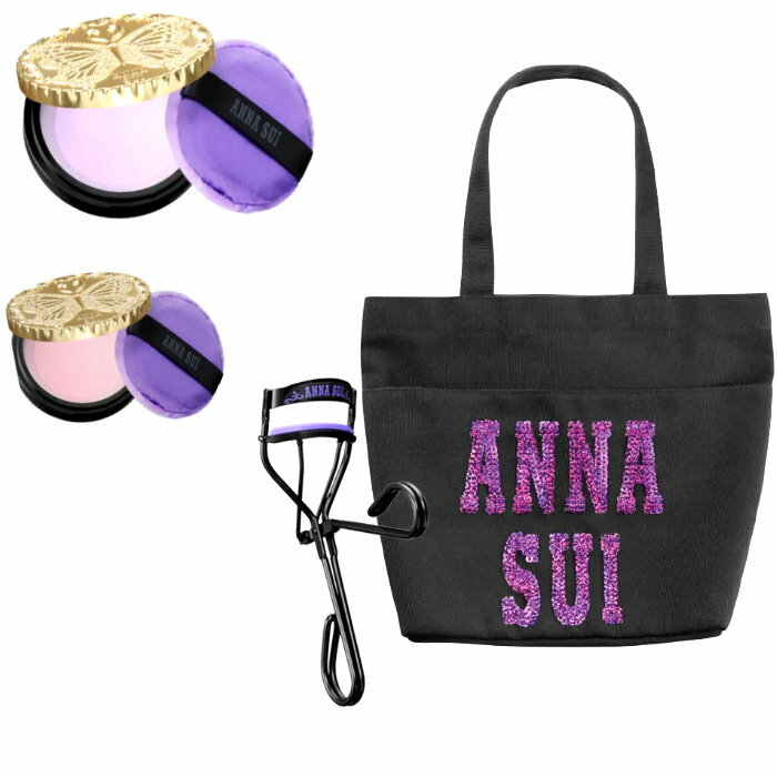 楽天CUOREアナ スイ ANNA SUI トートバッグ　ブラックパープルロゴ　annasui-kit-2023　ルース フェイス パウダー　ミニ　コンパクト ファンデーション　ミラー鏡　アイラッシュカーラー　ビューラー　3点セット　ノベルティ非売品コスメ化粧ギフトレディース 【新品/未使用/正規品】