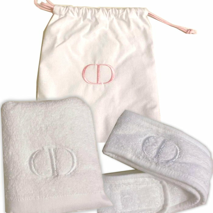 DIOR　ディオール　巾着ポーチ　ハンドタオル　ヘッドバンド　ヘアバンド3点セット　ハンカチ　ホワイト　ロゴ　dior-towel-set　コスメ化粧トラベル　beautyビューティノベルティ非売品【新品/未使用/正規品】