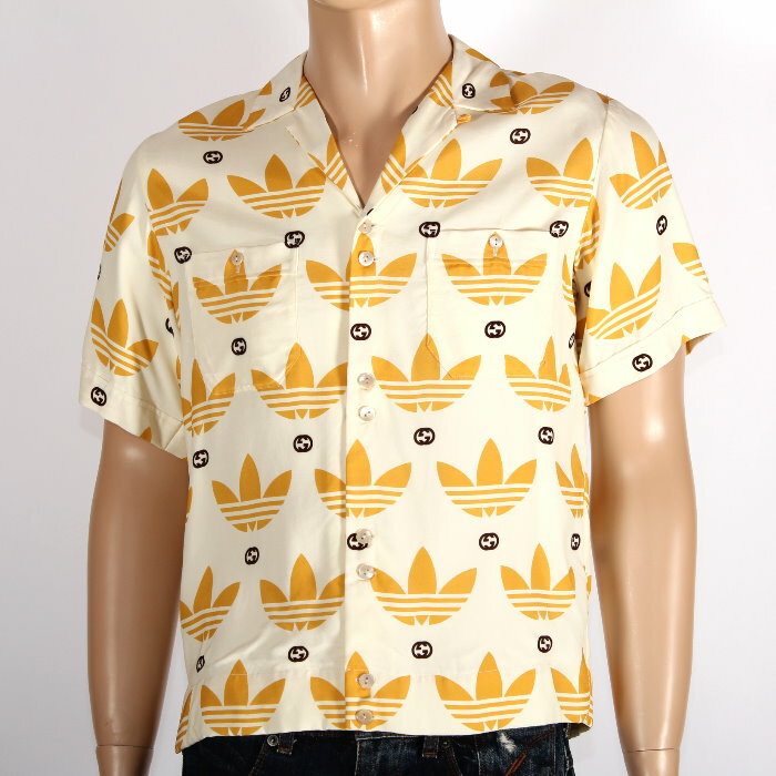 【お値下げ!】 adidas x Gucci アディダス グッチ コラボ 限定 ボウリング シャツ オフホワイト×イエロー レーヨン シルク 691523 za...