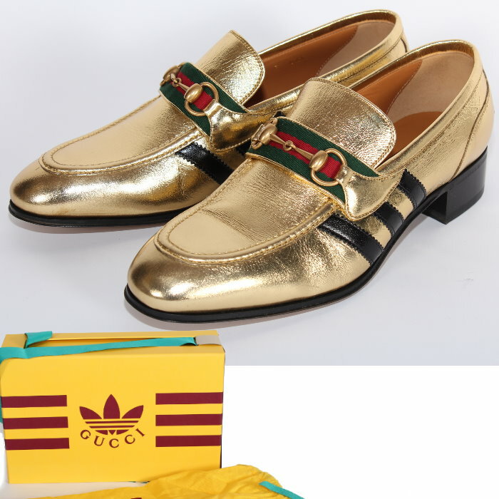 adidas x Gucci アディダス グッチ コラボ 限定 ローファー ゴールド 702283 AAA70 8044 9サイズ ホースビット ロゴ トレフォイル ウェブ スリーストライプス スリッポン ドレス シューズ 靴 メンズ【新品/未使用/正規品】売れ筋