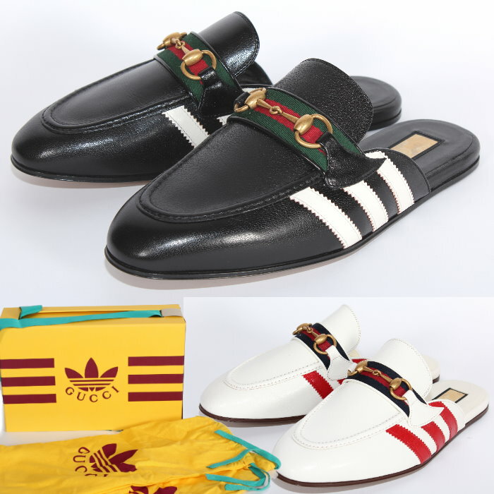 adidas x Gucci アディダス グッチ コラボ 限定 ホースビット レザー スリッパ 721481 AAA71 9サイズ ブラック/1090 ホワイト/9154 ロゴ トレフォイル ウェブ スリーストライプ サンダル ローファー スリッポン シューズ 靴 メンズ【新品/未使用/正規品】売れ筋