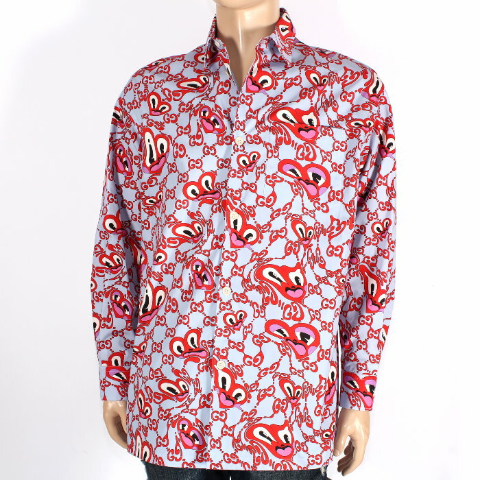 GUCCI × Hattie Stewart グッチ × ハティスチュワート ハートグラフィティシャツ 777302 ZAQEC 4563 ライトブルー×レッド...