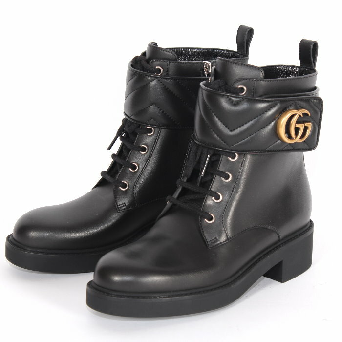 【お値下げ!】 GUCCI グッチ ダブルGベルト付き アンクル ブーツ 670397 17K20 1000 37サイズ ブラック レザー レースアップ サイドジップ ブーティ シューズ 靴 スニーカー レディース ユニセックス 売れ筋