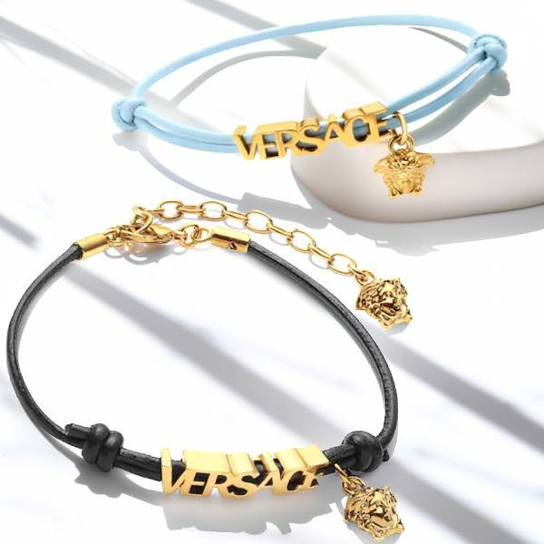 乐天商城 - ヴェルサーチ VERSACE レザー ブレスレット ゴールド 1022953-1A00637 ロゴレタリング メドゥーサ チャーム ブラック ブルー レディース メンズ ユニセックス アクセサリー ベルサーチ ヴェルサーチェ