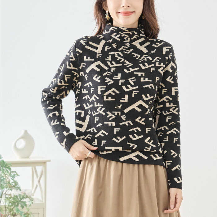 Rakuten - 【M~L】　長袖ニット　セーター　FF柄ブラック　タートルネック　ハイネック　フリーサイズ　トップス　レディースアパレル　シャツ　カットソー　ブラック[02]（N15-259-02）ミス ミセス10代20代30代40代50代60代フレアー体系カバー春夏秋冬オールシーズン13966696