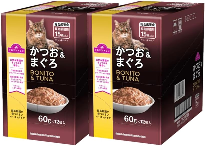 超高齢猫用 キャットフード シニア用 15歳以上 かつお&まぐろ ウェットタイプ パウチ ご飯 グレインフリー イオントップバリュー 1袋60グラム (24袋/2ケース)　TOPVALUE