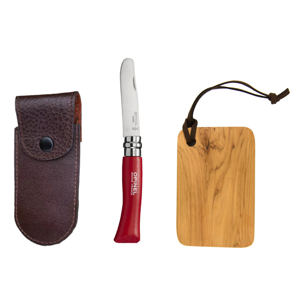 OPINEL(オピネル) ステンレススチール ナイフ レザーケース＆カッティングボードセット ラウンドティップ レッド #7 8cm