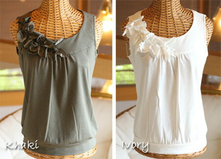 フラワーモチーフノースリーブトップス（返品交換ギフト包装不可）レディース かわいい おしゃれ シンプル デザイン 骨格ウェーブ 夏服 タンクトップ カットソー 9号 Mサイズ コットン