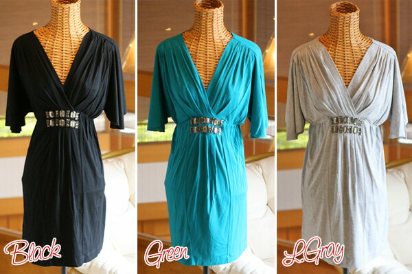 ウエストビジュー ルーズフィット ジャージー ドレス（返品交換ギフト包装不可）レディース 女性 かわいい 9号 Mサイズ ファッション カットソー トップス カシュクール Vネック 骨格ストレート 五分袖 二次会 春 夏