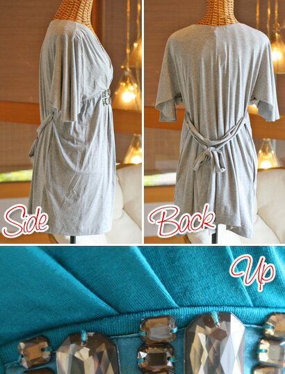 ウエストビジュー ルーズフィット ジャージー ドレス（返品交換ギフト包装不可）レディース 女性 かわいい 9号 Mサイズ ファッション カットソー トップス カシュクール Vネック 骨格ストレート 五分袖 二次会 春 夏