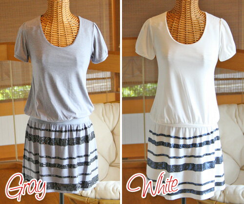 毎日着たい 可愛さと着心地 スパンコール ボーダー セットアップ チュニックワンピース（返品交換ギフト包装不可）フェイク重ね着 レディース 女性 かわいい 9号 Mサイズ ファッション カットソー トップス 夏 半袖 Uネック 骨格ウェーブ