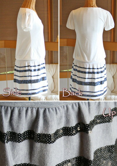 毎日着たい 可愛さと着心地 スパンコール ボーダー セットアップ チュニックワンピース（返品交換ギフト包装不可）フェイク重ね着 レディース 女性 かわいい 9号 Mサイズ ファッション カットソー トップス 夏 半袖 Uネック 骨格ウェーブ
