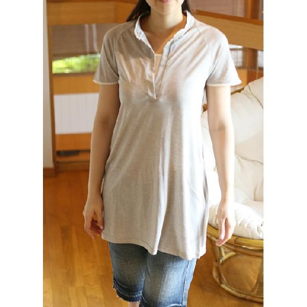 ロング丈 スタンドカラー ポロシャツ レース バンドカラー 半袖 チュニック(返品交換ギフト包装不可)レディース 女性 かわいい 9号 Mサイズ ファッション カットソー トップス 半袖 夏 骨格ナチュラル 綿