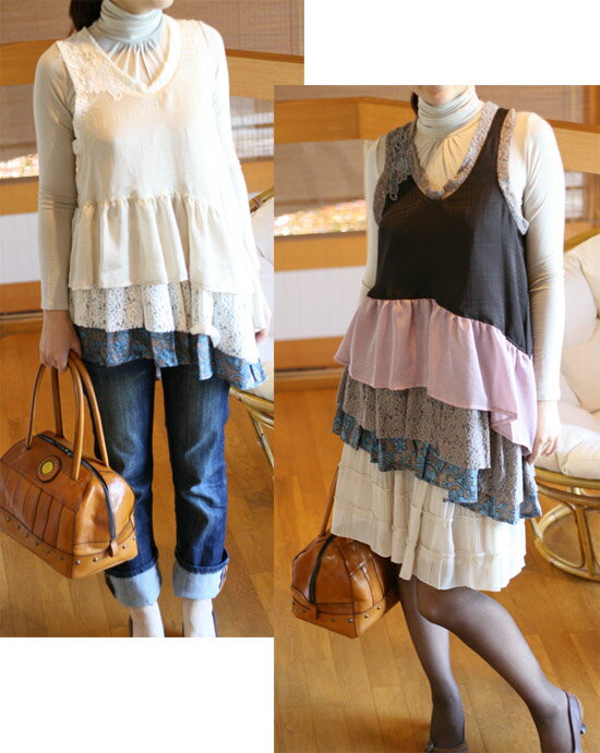 【お買い得！】だんだんフリル レース チュニック（返品交換ギフト包装不可）レディース 女性 かわいい 9号 Mサイズ ファッション トップス カットソー タンクトップ ノースリーブ ティアード ロング丈 骨格ウェーブ 華奢見え