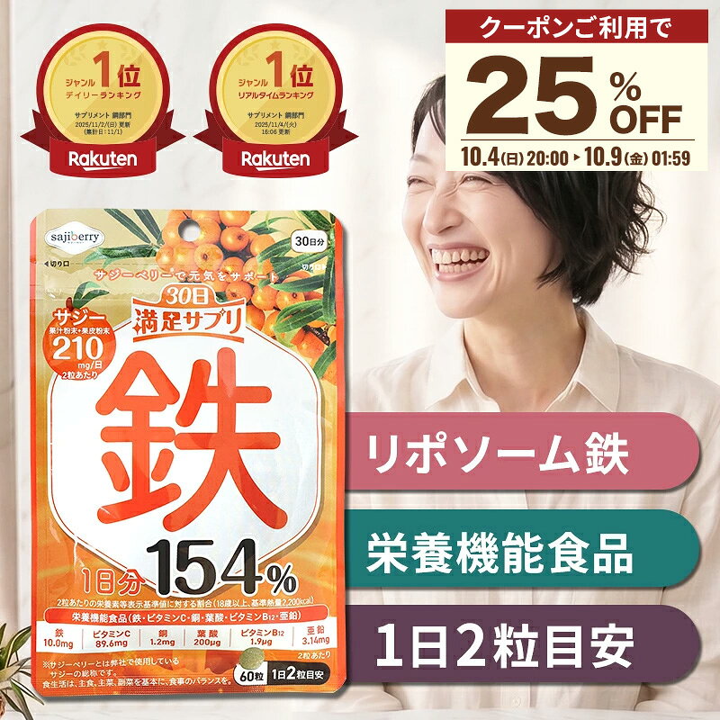 【お買い物マラソン中クーポン利用で25％】鉄分 サプリ 栄養機能食品 30日満足サプリ 60粒 サジー SajiOne サジーワン 鉄 銅 葉酸 ビタミンC 亜鉛 サプリメント リポソーム 鉄分不足 錠剤