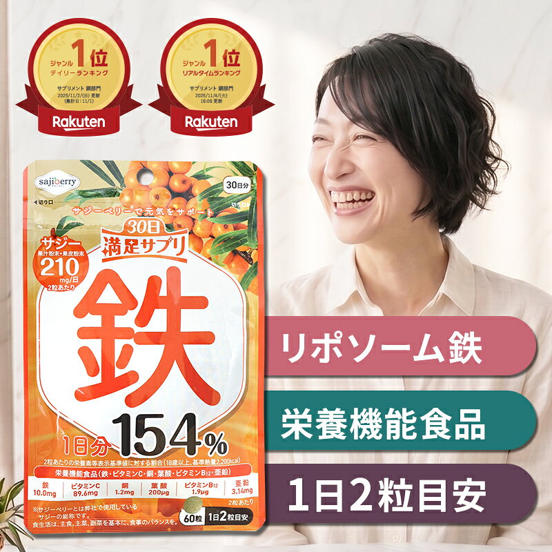 ■ 商品詳細情報 商品名 30日満足サプリ 鉄 内容量 19.2g【1粒重量320mg×60粒】 原材料 サジー果汁粉末(サジー果汁、デキストリン)(中国［内モンゴル自治区］製造)、粉末油脂、還元麦芽糖水飴、サジー果皮粉末、亜鉛含有酵母、葉酸含有酵母、銅含有酵母、デキストリン、植物性油脂、酵母/ビタミンC、オクテニルコハク酸デンプンナトリウム、ピロリン酸第二鉄、微粒二酸化ケイ素、レシチン、ヒドロキシプロピルメチルセルロース、安定剤(加工デンプン)、ステロール、ビタミンP 栄養成分 (2粒640mgあたり) エネルギー：2.53kcal たんぱく質：0.04g 脂質：0.07g 炭水化物：0.43g 食塩相当量：0.002g 鉄：10.0mg(154％)※ ビタミンC：89.6mg(90％)※ 葉酸：200μg(83％)※ 銅：1.2mg(144％)※ ビタミンB12：1.9μg(48％)※ 亜鉛：3.14mg(37％)※ ※()内は栄養素等表示基準値(18歳以上、基準熱量2,200kcal)に占める割合 摂取方法 1日2粒を目安に、水またはぬるま湯などでお召し上がりください。 摂取上のご注意 ・本品は、多量摂取により疾病が治癒したり、より健康が増進するものではありません。一日の摂取目安量を守ってください。 ・開封後はチャックを閉め、できるだけ早めにお召し上がりください。 ・アレルギーのある方は原材料をご確認の上、ご使用をお控えください。 ・体質や体調により、まれに体に合わない場合があります。その場合は使用を中止してください。 ・薬を服用中、通院中、妊娠・授乳中の方は医師にご相談ください。 ・色や風味のばらつき、原料由来の斑点・色ムラが見られることがありますが、品質に問題ありません。 ・乾燥剤は誤って食べないようにご注意ください。 ・乳幼児・小児は本品の摂取を避けてください。 ・葉酸は、胎児の正常な発育に寄与する栄養素ですが、多量摂取により胎児の発育がよくなるものではありません。 ・亜鉛の摂り過ぎは、銅の吸収を阻害するおそれがありますので、過剰摂取にならないよう注意してください。 ・本品は、特定健康用食品と異なり、消費者庁長官による個別審査を受けたものではありません。 賞味期限 枠外下部に記載 広告文責 株式会社サジーワン0120-192-700 メーカー 株式会社サジーワン 区分 日本製・栄養補助食品 備考 ペーパーレス化を推奨しておりますため、明細書は同梱しておりません。 ご注文詳細はMy Rakutenにてご確認ください。 ※商品のラベル・パッケージデザインは予告なく変更になる場合がございます。 楽天倉庫の出荷システムにて注文情報に不備等があると判断された場合は、指定通りにお届け出来ない場合がございます。 注文確定前に一度注文情報のご確認をお願いします。 【購入前に必ずお読みください】 転売目的と思われるご注文は、キャンセルさせていただきます。 あらかじめご了承ください。 [検索キーワード] スーパーフルーツ サジーベリー さじー saji- 沙棘 沙棘オイル リポソーム 銅 ビタミンE 栄養機能食品 酵母 ミネラル 亜鉛 葉酸 サプリ サプリメント 沙棘サプリ 沙棘サプリメント カプセル 鉄 国産 フィネス 健康食品 お試し 美容 健康 サジー シーバックソーン ジュース ニキビ 美ボディ 妊娠 妊活 サジー 効果 サポート ヘルスケア ダイエット ボディメイク 天然 オーガニック オイルバランス 美活 約30日分 女性 プレゼント 彼氏 彼女 家族 お父さん お母さん プレゼント