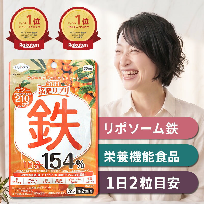 鉄分 サプリ 栄養機能食品 30日満足サプリ 60粒 サジー SajiOne サジーワン 鉄 銅 ...